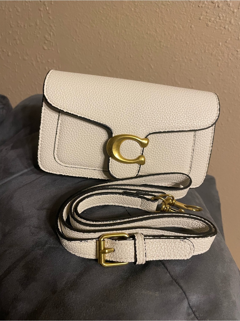 White Pebbled Leather Crossbody Wallet with Gold Hardware